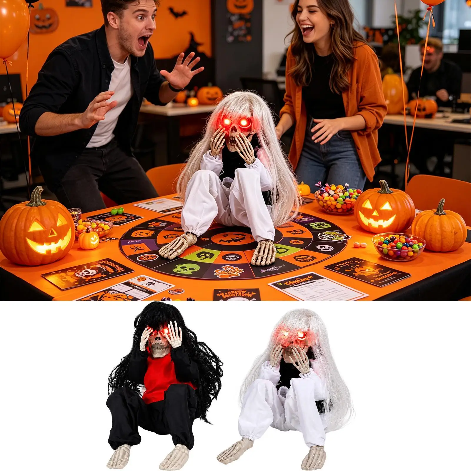 Halloween Skeleton Halloween Long Hair Crying With Glowing Eyes Gothic Home Decor Party Favors For Cemetery Courtyard Bar Home