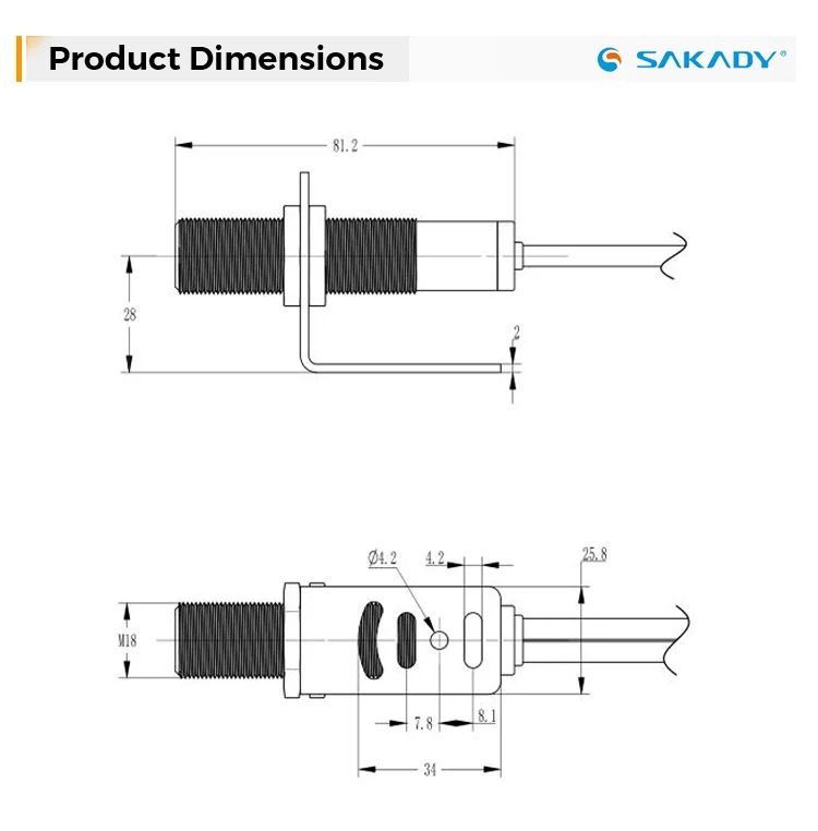 Sakady UKM18-6PO High Precision 200kHz NPN NO Beam Ultrasonic Sensor IP67 12-24V DC 20-120mm Detection Distance 15ms Reaction