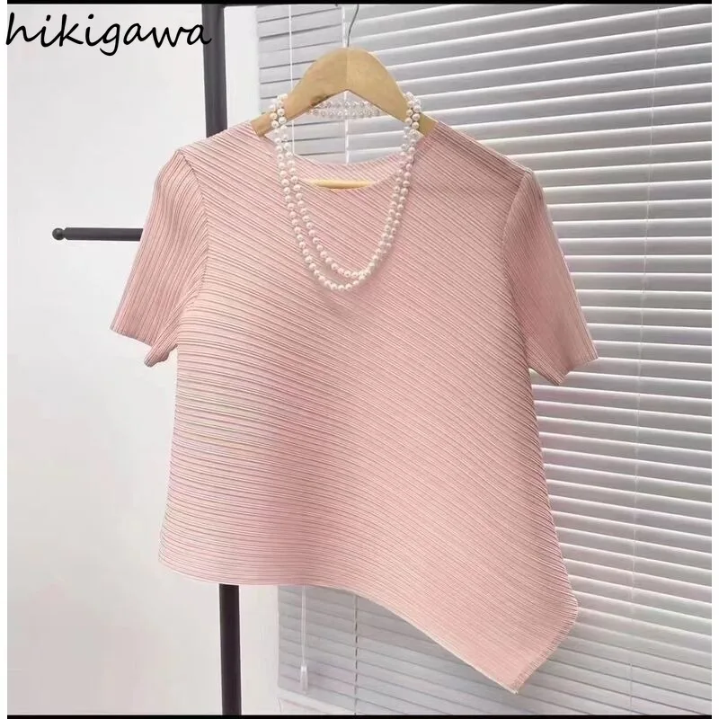 Summer Blouse Women Clothing Short Sleeve O-neck Folds Shirts 2024 Blusas Mujer De Moda Korean Vintage Loose Solid Color Tops