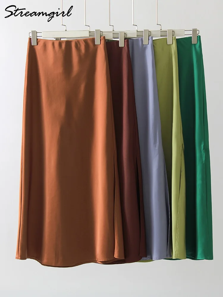 Black Slit Satin Silk Skirt Women Maxi Spring Summer 2025 Elegant A Line Slit Skirt Satin Ladies Office Long Skirts For Women