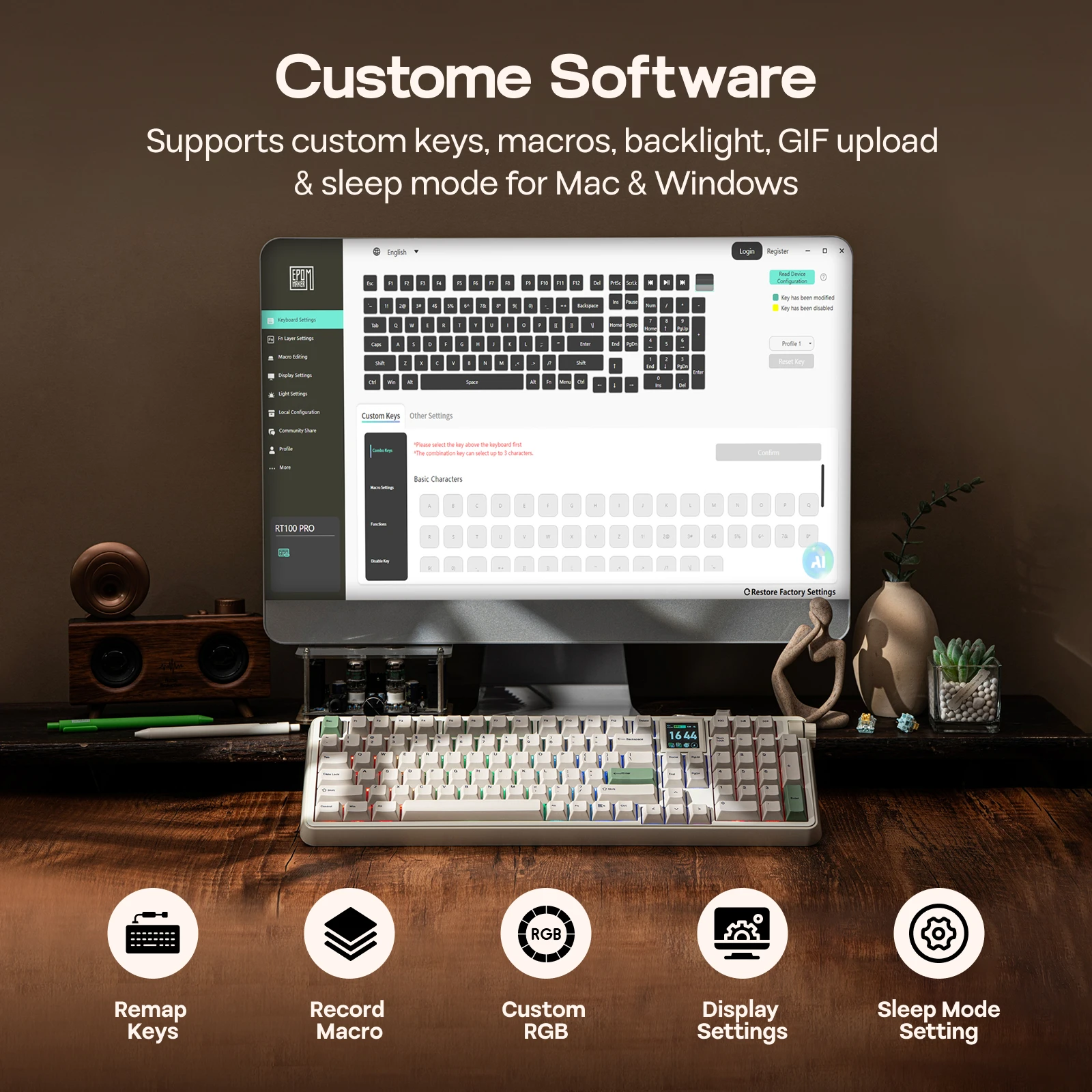 EPOMAKER RT100 PRO 100% ANSI US Layout Klawiatura mechaniczna z uszczelką, przewodowa/Bluetooth/bezprzewodowa 2.4Ghz, ekran 1.54” i pokrętło regulacji głośności — zdjęcie produktu 4