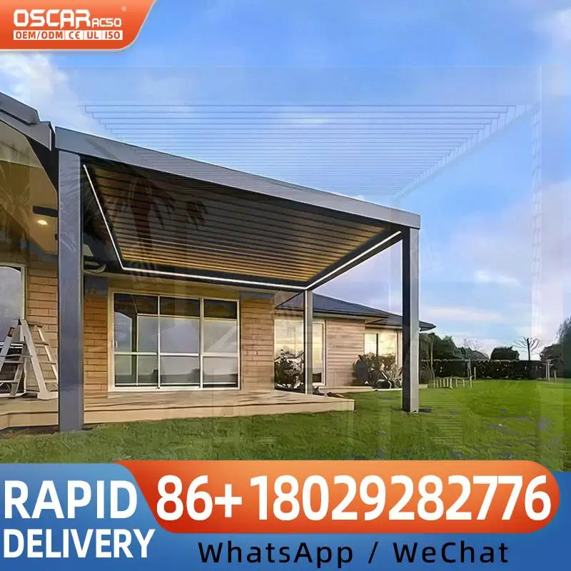 Pérgola de Techo Retráctil Motorizada con Revestimiento de Lamas, Moderna y de Lujo para Patio, Jardín, Piscina, de Aluminio, para Todas las Estaciones