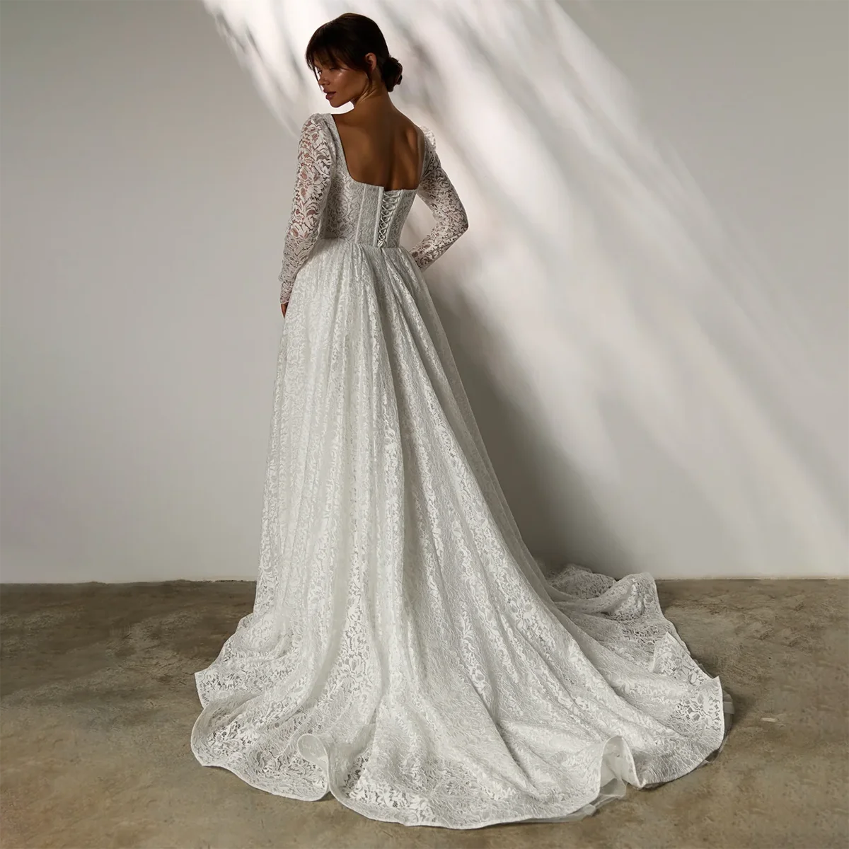 Square Neck Long Sleeves High Slit Bridal Ballgowns Customized Backless Allover Romantic Lace Basque Waist Pearls Boned Lacing