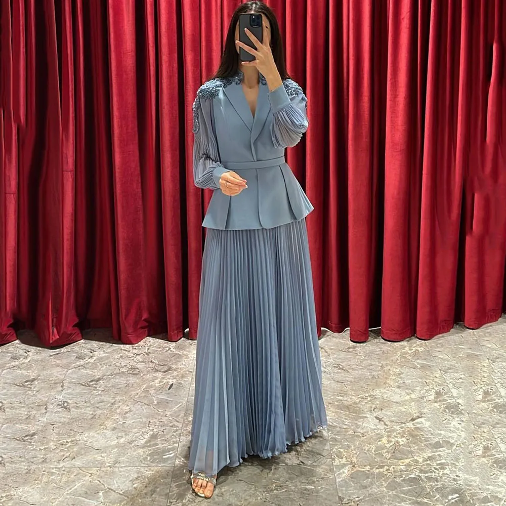 Chiffon Long Sleeves Prom Dresses Beadings Pleated Party Gowns Special Banquet Club Vestidos De Fiesta Evening Dress Customized