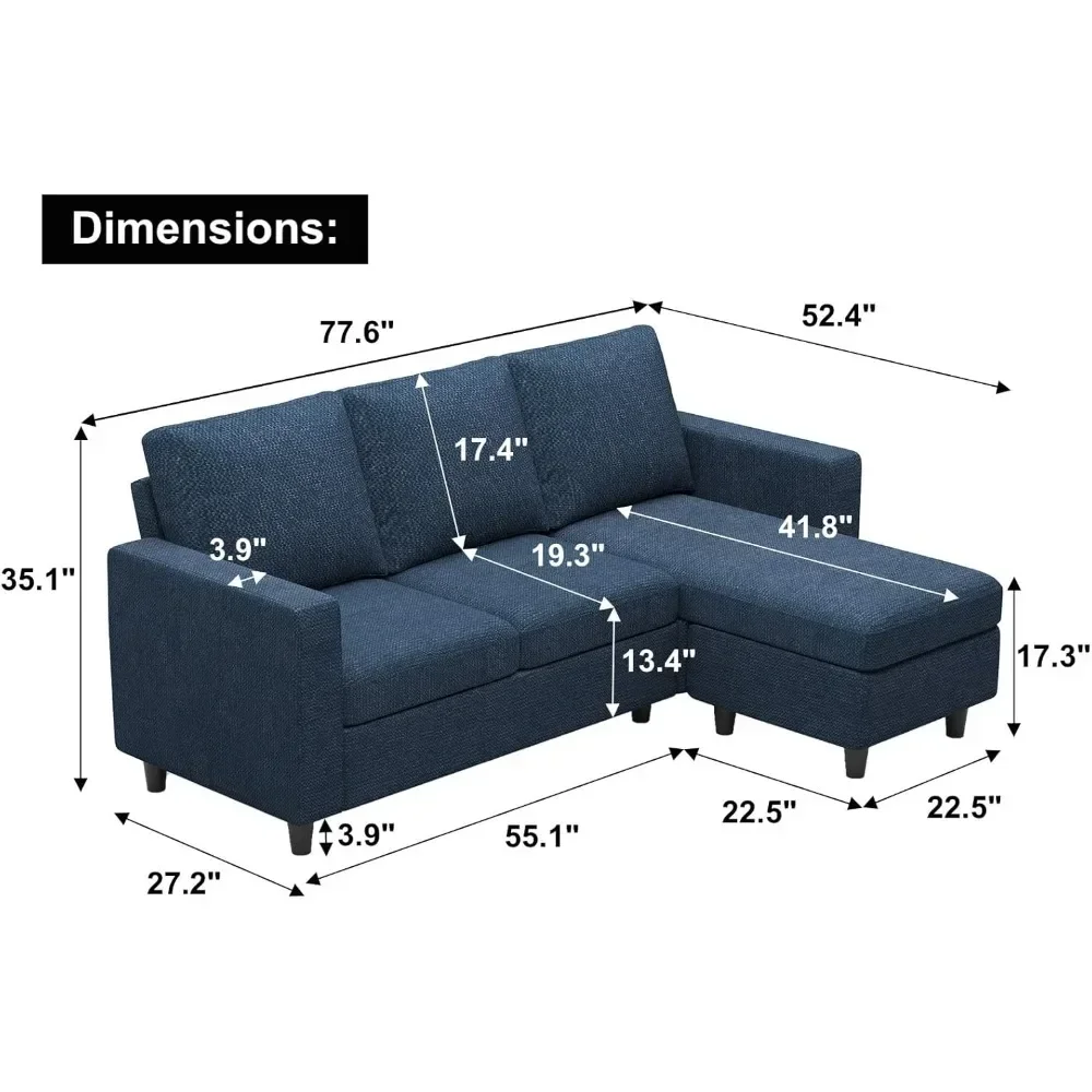 Convertible Sectional Sofa, L Shaped Modern Couch, Small Couch with Reversible Chaise for Living Room and Small Space, Navy Blue