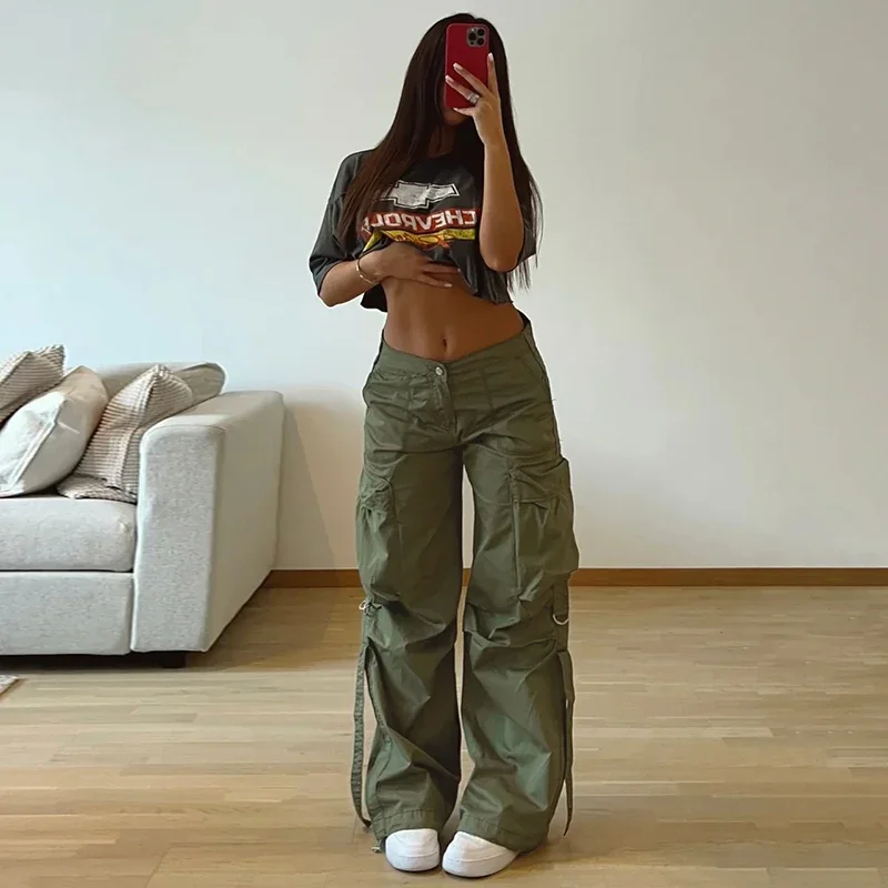 

Cargos Style Parachute Pants for Women, Low Waist Joggers, Harajuku Pockets, Baggy Wide Leg Trousers, Casual Streetwear, Y2K