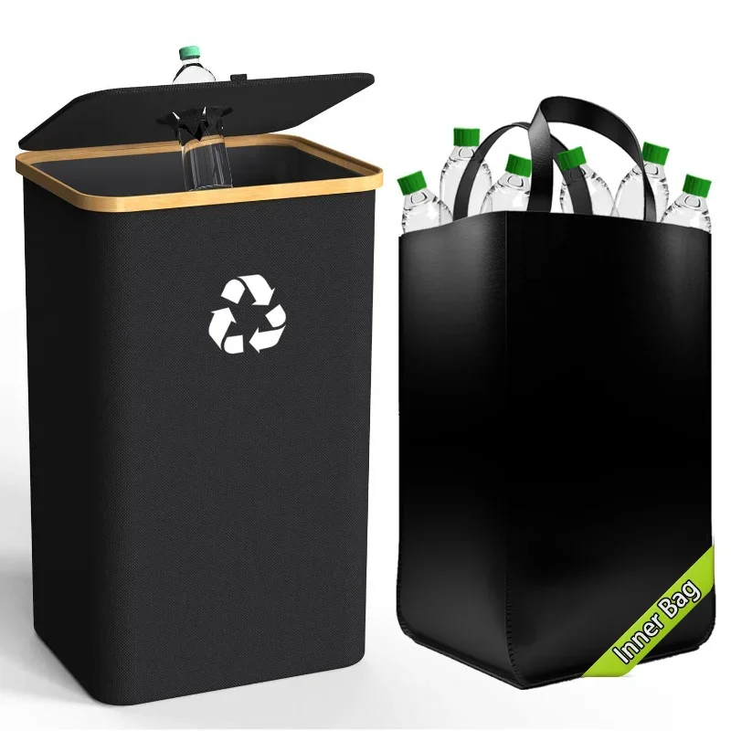 Storage Basket Trash Can Kitchen Home Folding Recycling Box Bamboo Storage Basket with Lid Removable Recycling Bottle