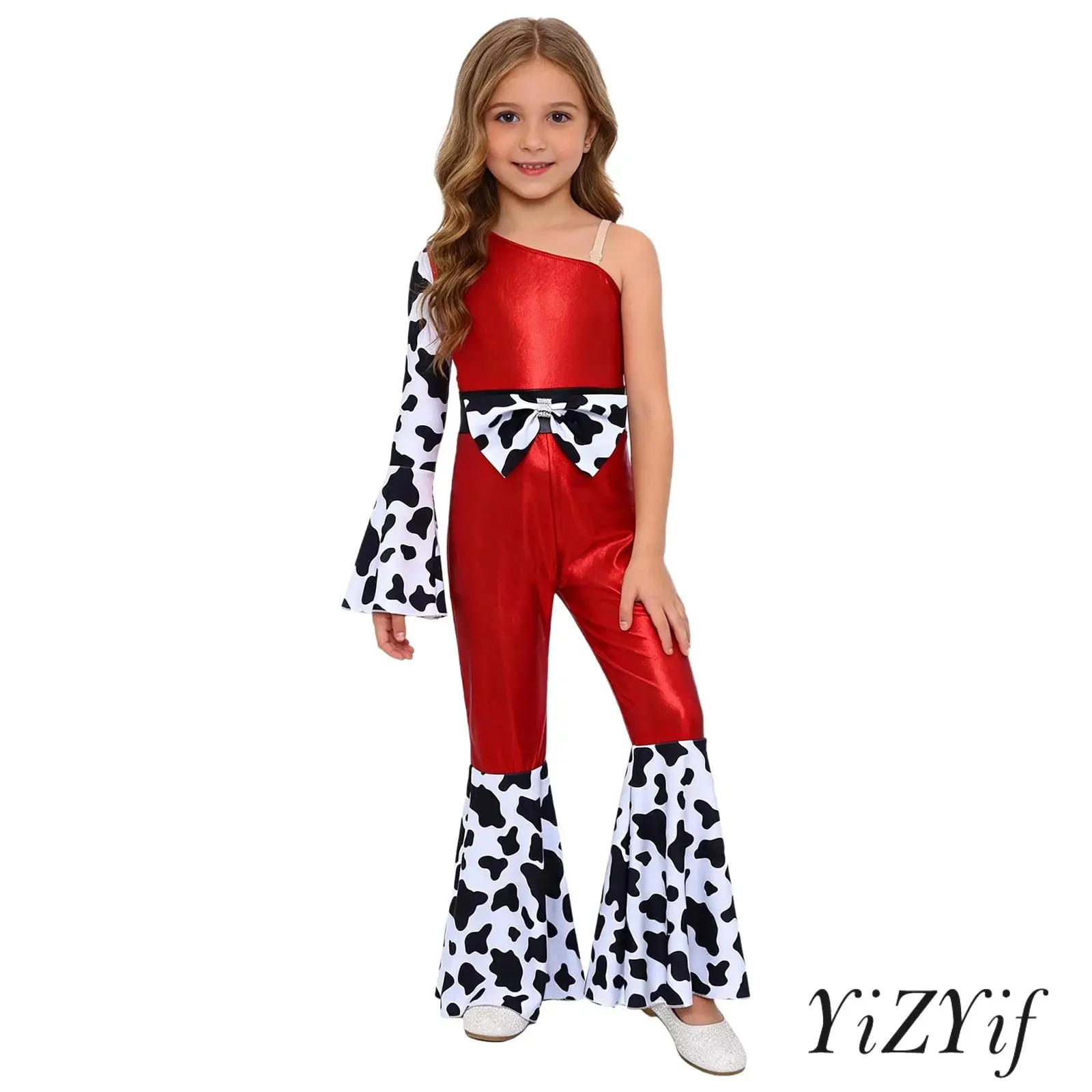 

Kids Girls Western Cowgirl Style Costume Jumpsuit Metallic Gloss Patchwork Long Bell Sleeve Long Flare Pants Parties Unitard