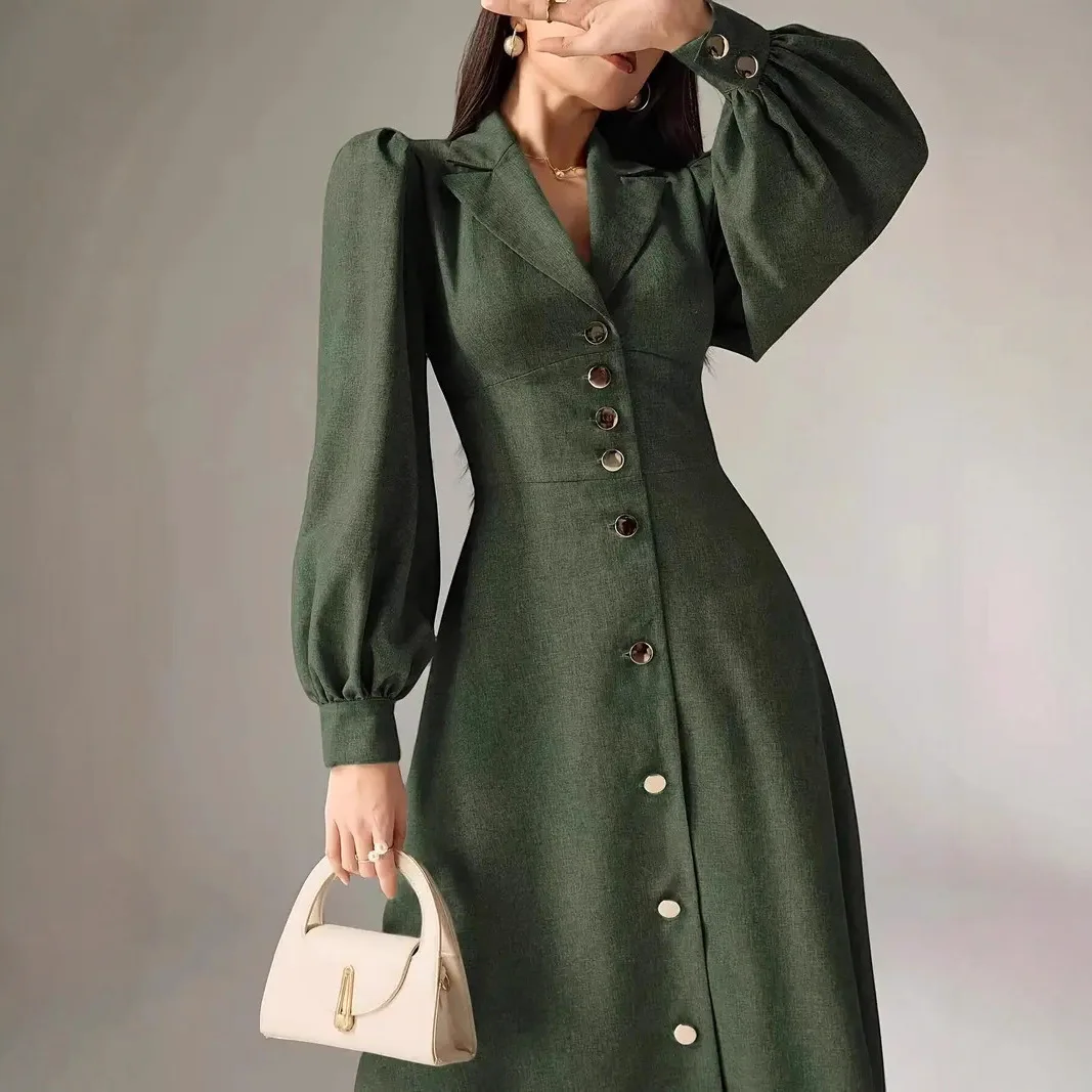 

Ladies Dress Fashionable Commute Style Long Skirt Elegant French Style Dress Slimming Waist Pure Color Bubble Sleeve Button