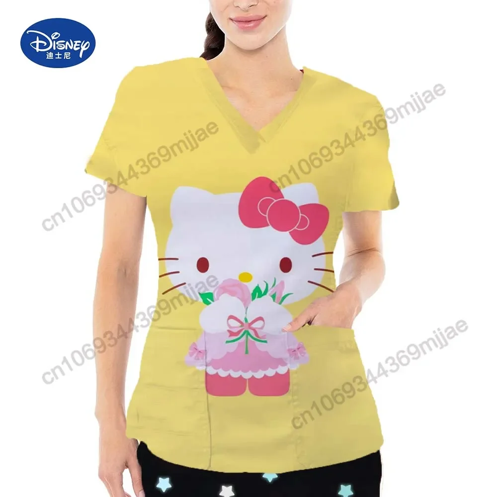 Summer new Popular Holle Kitty Printed Pattern V-neck Double Pocket Cute Nurse uniform Comfortable and Casual Women's T-shirt