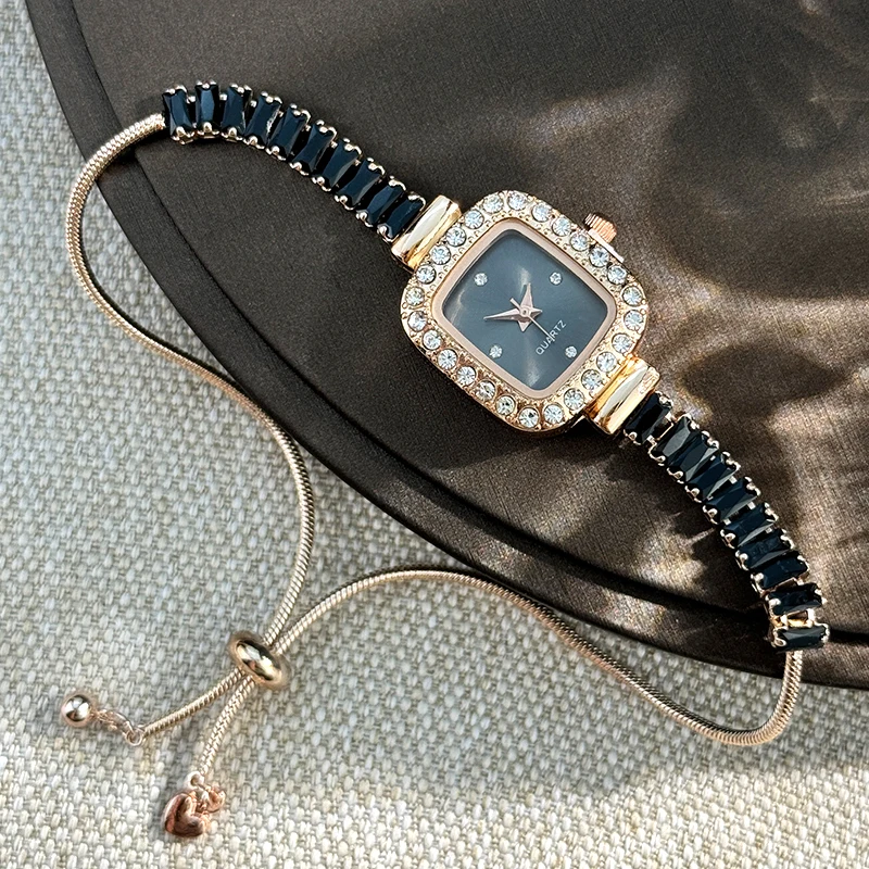 women's inlaid zircon flexible pull out bracelet with diamond square alloy case rhinestone scale simple dial quartz watch