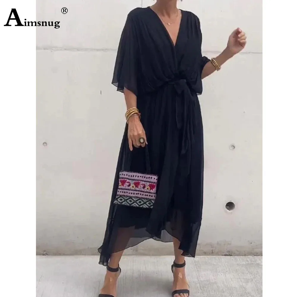 Plus Size 5xl Women Half Sleeves Diagonal Elegant Maxi Dress High Waist Chiffon Beach Dresses Female Long Boho Deep V-neck Dress