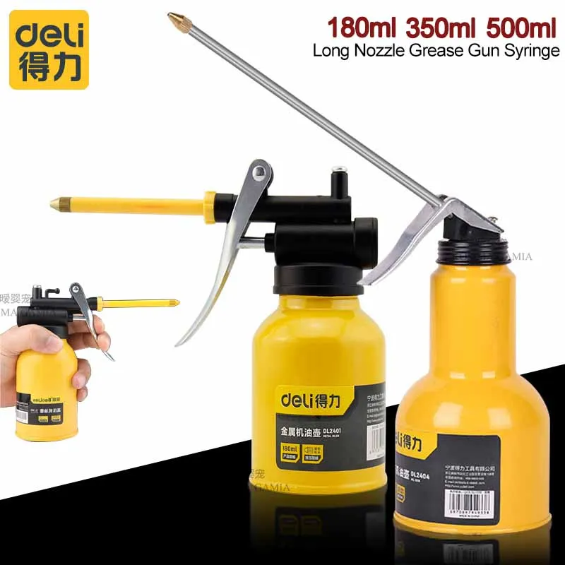 DELI 500ML Oil Can Oiler Spout Thumb Pump Machine Long Nozzle Lubrication Oil Can High Pressure Pump Oiler Grease Gun Syringe