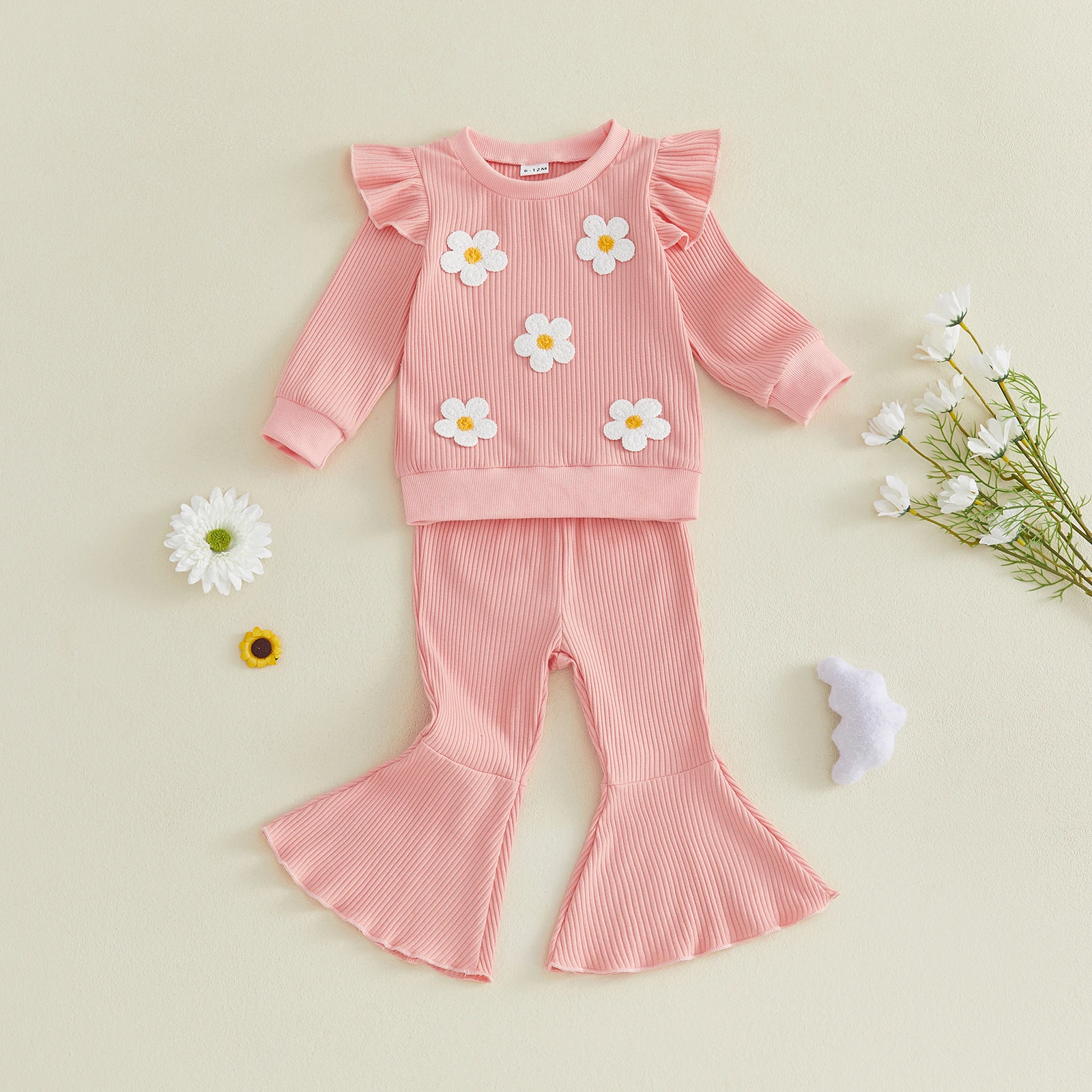 

Adorable Baby Girl Outfit Set with Cute Ruffle Detailing and Floral Print - Long Sleeve Top and Flared Pants for Stylish
