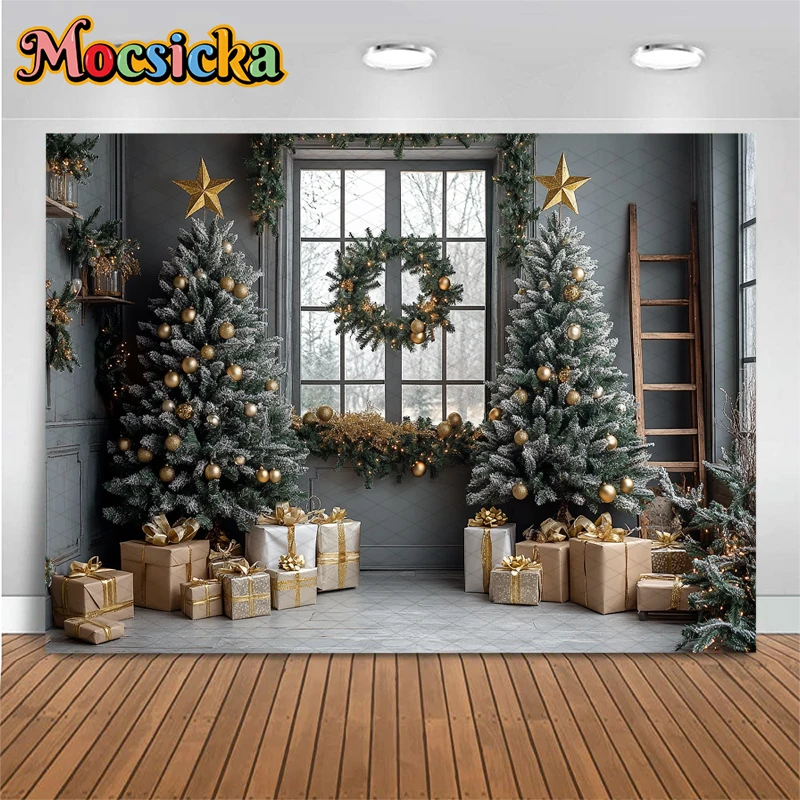 Mocsicka Christmas Tree Photography Backdrop Five-Pointed Star Gift Window Indoor Grey Wall Background Celebrate Decor Photocall