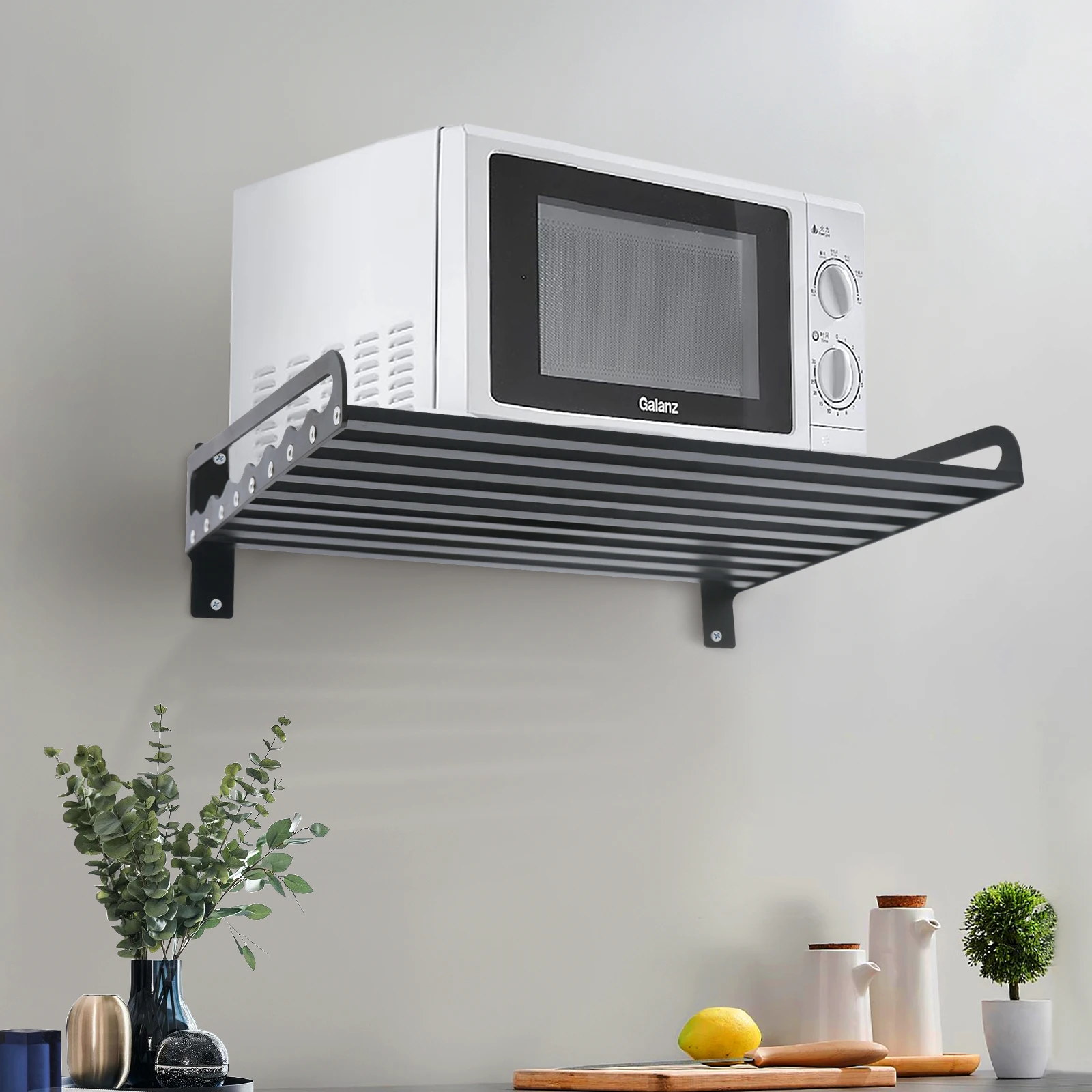 50cm Black Space Aluminum Kitchen Organizer, Wall Mounted Microwave Oven Shelf Bracket Holder, Rust Resistant Under Cabinet Storage Rack