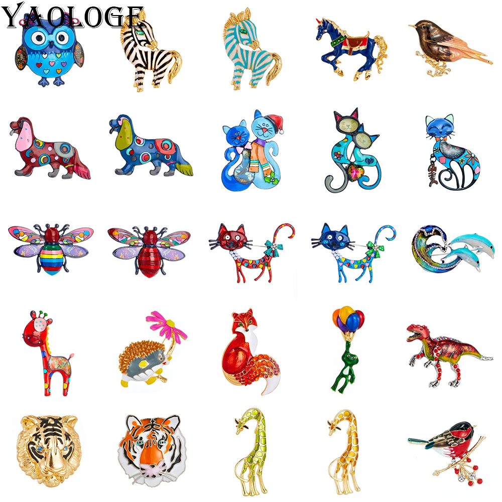 YAOLOGE Creative Cute Animal Brooch For Women Zinc Alloy Material Zebra Giraffe Bee Cat Dog Bird Fox Design Badge Pins Wholesale