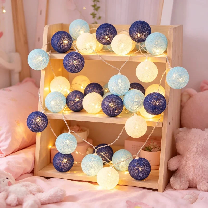 Cotton Garland Balls Lights String Christmas Easter Outdoor Hanging Party Baby Kids Room Bed Fairy Lights Wedding Decorations