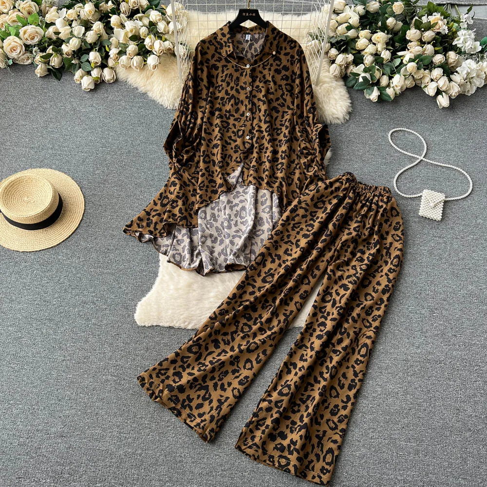 

Retro Fashion Leopard Print Set Women's Irregular Long Sleeve Shirt+High Waist Slimming Wide Leg Pants Loose Two Piece Sets