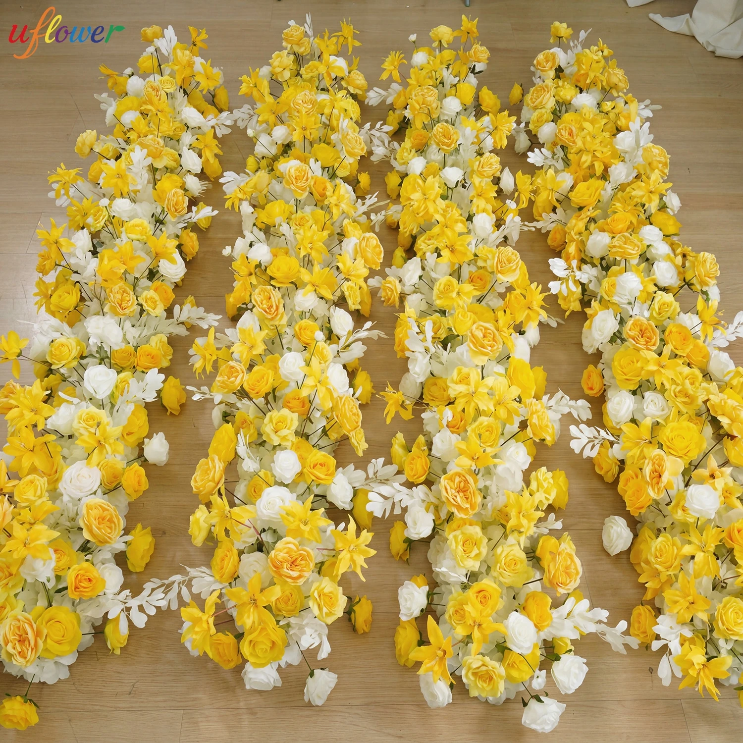 

100X30CM Uflower Yellow White Austin Artificial Flower Row Wedding Table Centerpiece Backdrop Decor Flower Party Decor Props