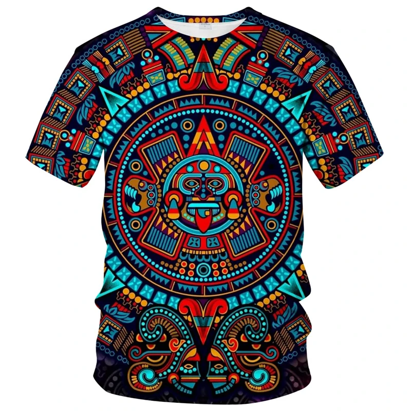 Retro Mexico Aztec Totem T-Shirt For Men Summer 3d Print Short Sleeve Tees Tops Mayan Culture Theme T Shirts Male Clothes