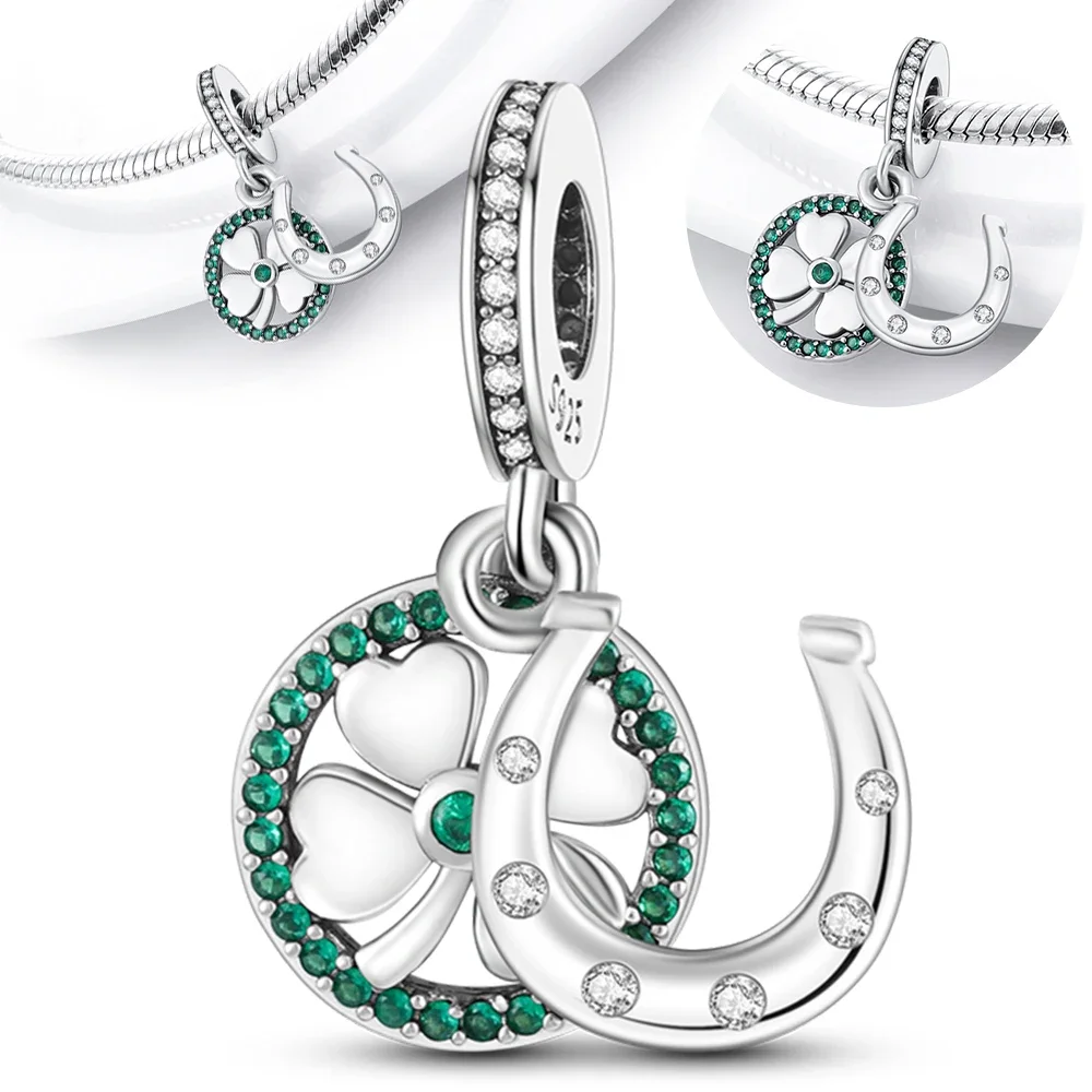 Charms Silver 925 Horseshoe Print Four-leaf Clover Pendant Fit Charms Plata 925 Original Bracelet Beads Women Jewellery Making