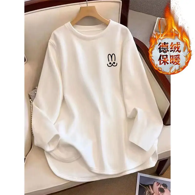 

Новинка 2025, утолщенная футболка с начесом, женские осенне-зимние свободные топы средней длины с длинными рукавами, нижние рубашки