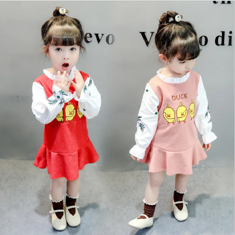 Autumn Red Long Sleeved Baby Girl Clothes Korean Style Cute Cartoon Printed Puff Sleeves Spliced Toddler Dress