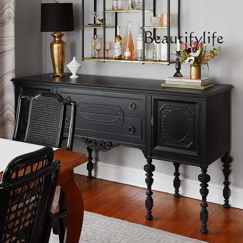 

French retro solid wood storage tea cabinet black antique living room decorative storage cabinet