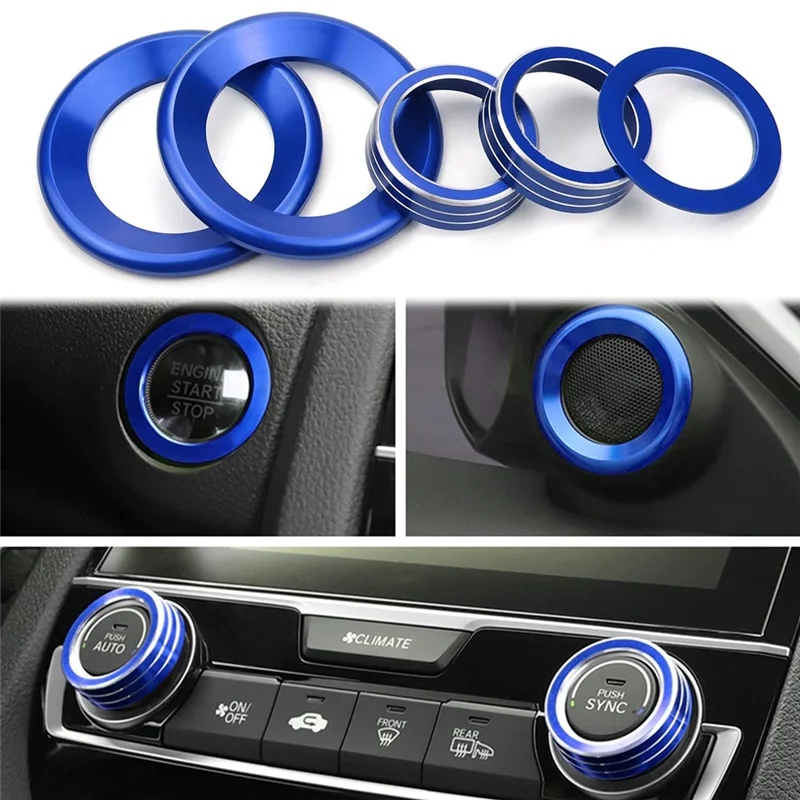 Climate Menu Knob Control Button Trim Cover Engine Push to Start Stop Button Cover for Honda Civic 2016-2021 (Blue)