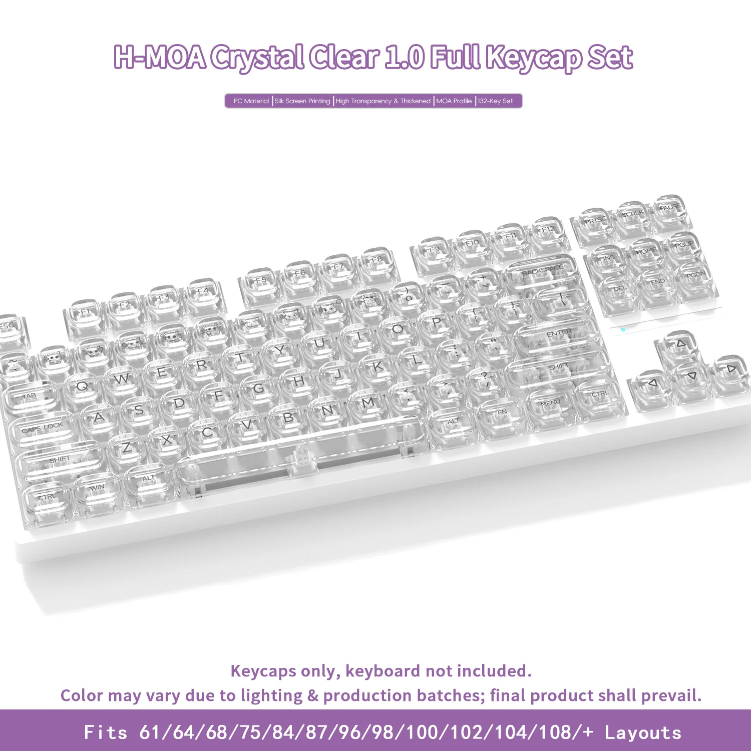 MOA Crystal-Clear Keycaps PC Key Caps Compatible with Mechanical Keyboard DIY 68 75 80 95 108 Unprinted English Keycaps Set view 2