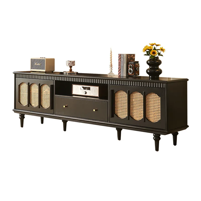 

Solid wood rattan TV cabinet, medieval style living room, American designer storage side cabinet