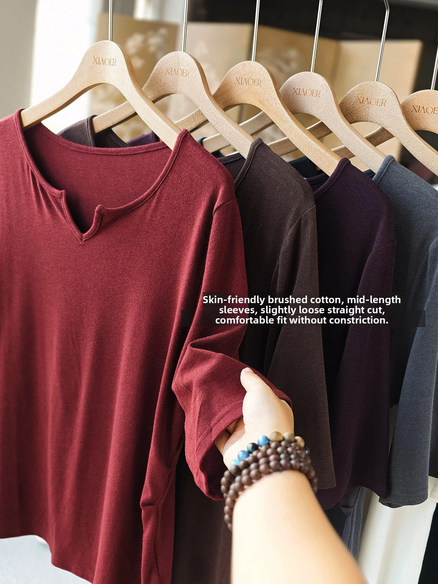 Elegant V-neck T-shirt Soft Brushed Cotton Blend Five-quarter Sleeve Pleated Waist Breathable Regular Fit Summer T-shirt