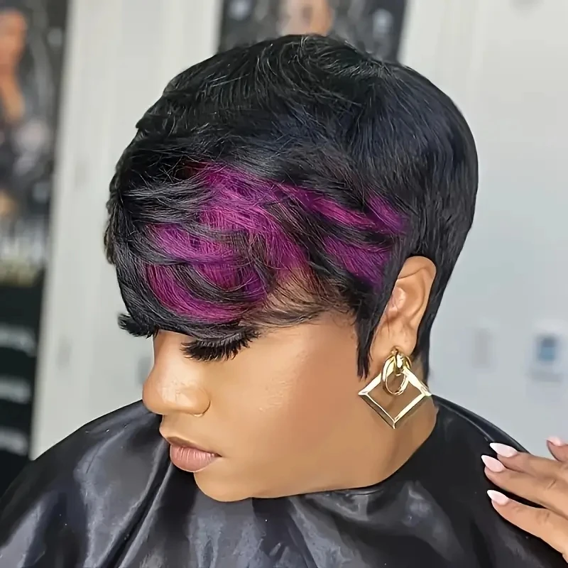 1B/퍼플 컬러 인간의 머리 가발 짧은 레이어드 픽시 컷 짧은 매일 파티 사용 여성용 기계 제작