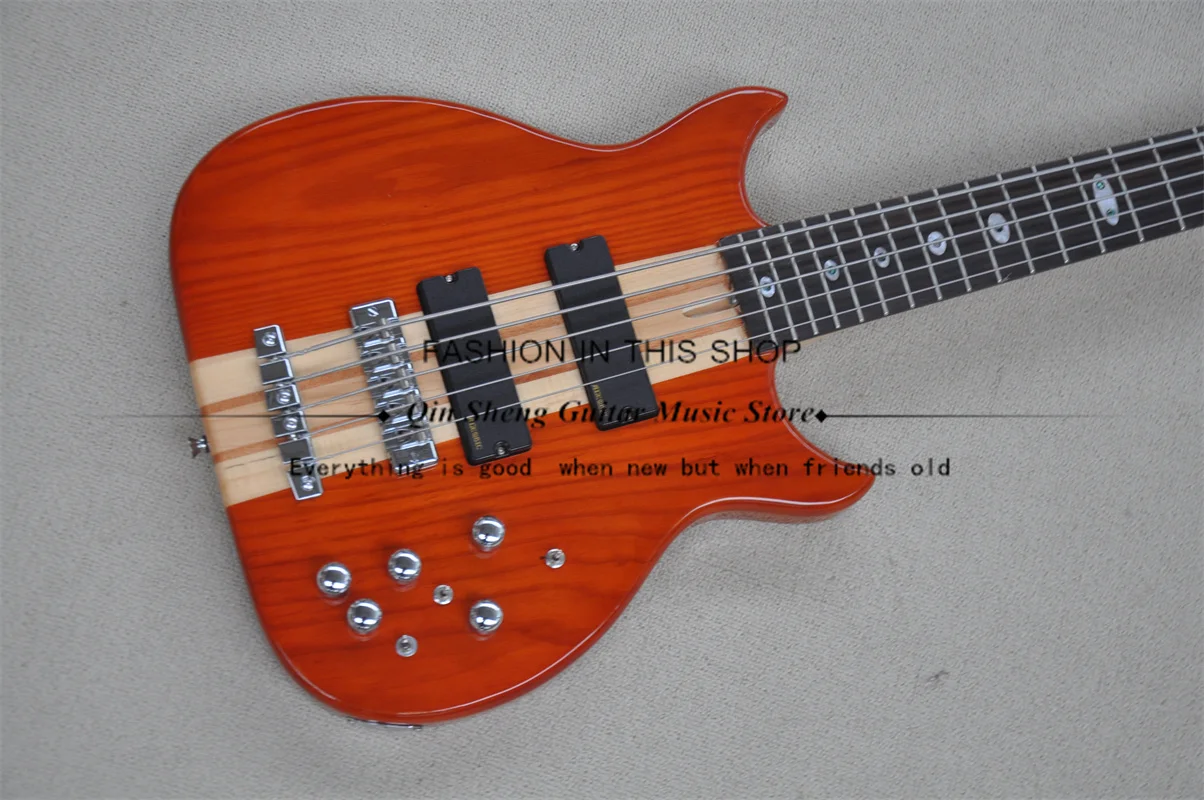 5 String Electric Guitar Bass, Brown Bass, Maple Wood Through Ash Body, Oval Shell Inlay, Active Battery