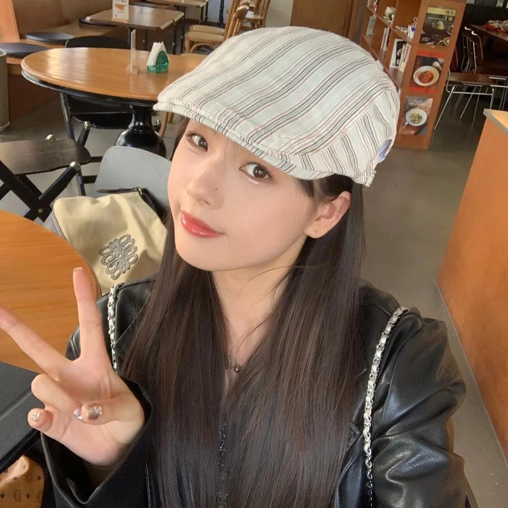 أزياء خمر موزع الصحف قبعة مخطط واقية من الشمس بلغت ذروتها قبعات Y2k للجنسين الرسام قبعة الربيع الصيف #5