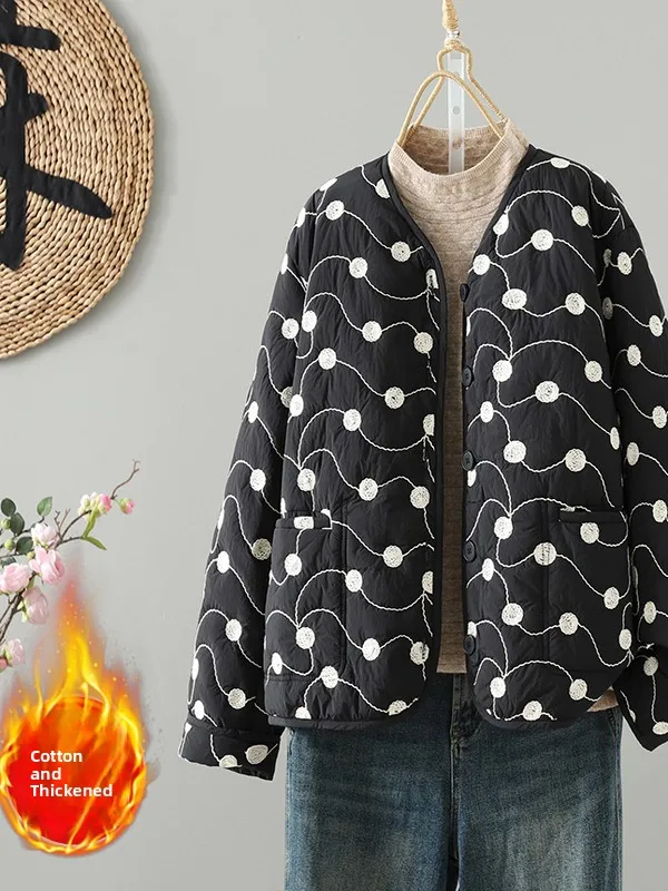 

Winter Large Size Loose Cotton Jaet Women's Faion Retro Embroidered Polka Dot Cotton Coat Casual Sle Long Sve round ...