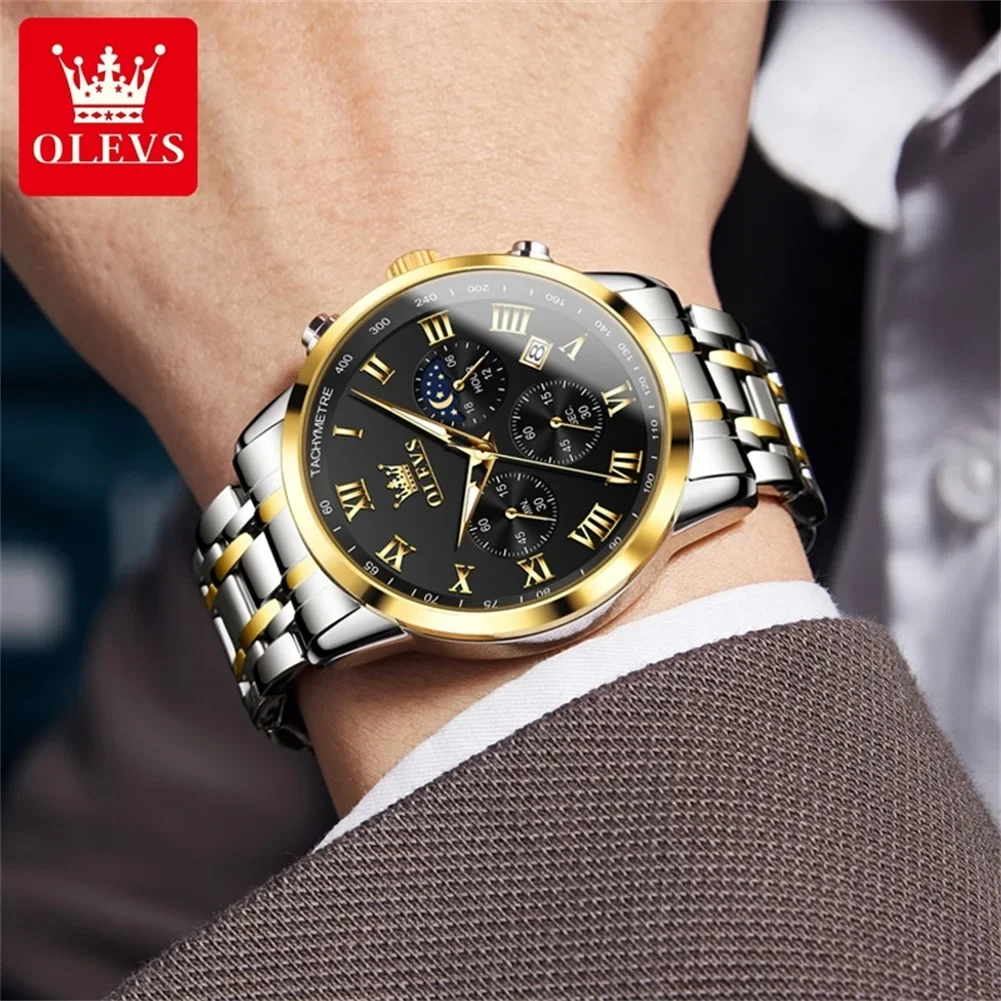 OLEVS Top Luxury Brand Men's Watch Waterproof New Quartz Men's Watch 5529 Stainless Steel Luminous Lunar Phase Timing Code Watch