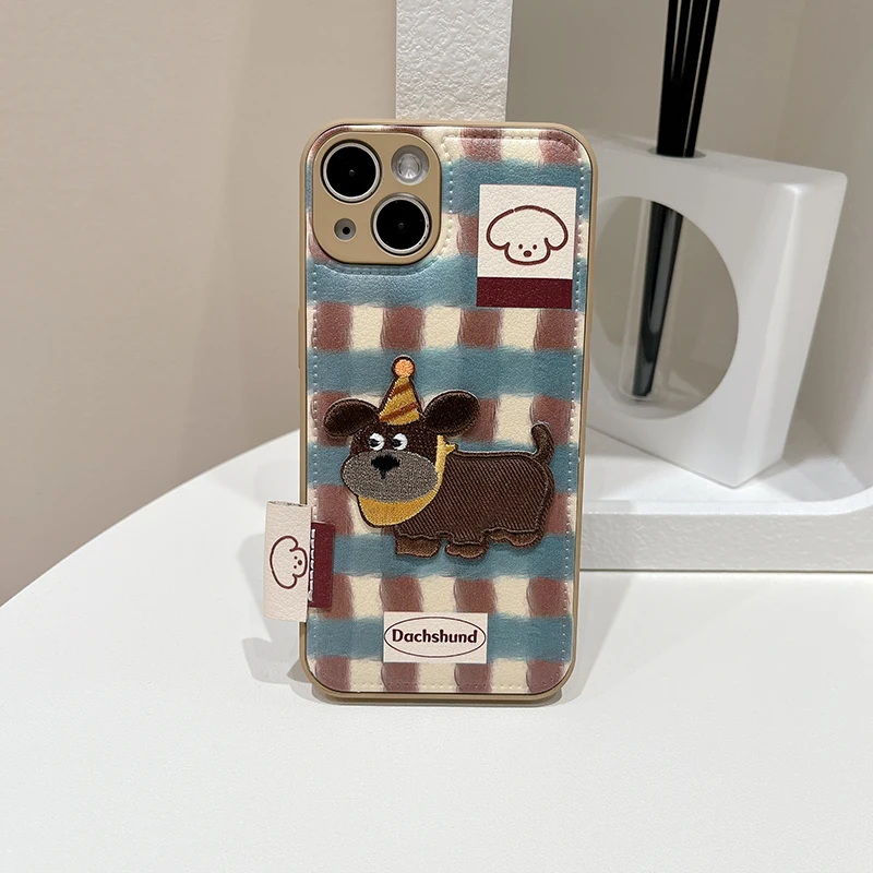 Lovely Embroidered Puppy Dog Leather Drum Bag Case For iPhone 11 12 13 14 15 16 17 Pro Max Shockproof Phone Back Cover
