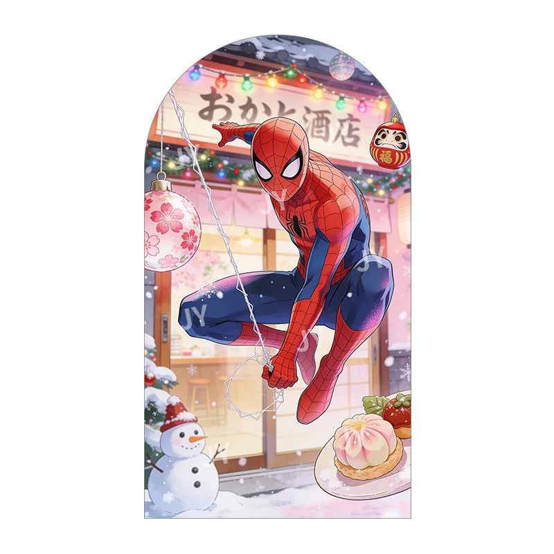 Spiderman Japanse stijl kerstboog achtergrond cover feestelijke hotelscène met snoepjes voor kinderen verjaardag baby shower Photo Booth