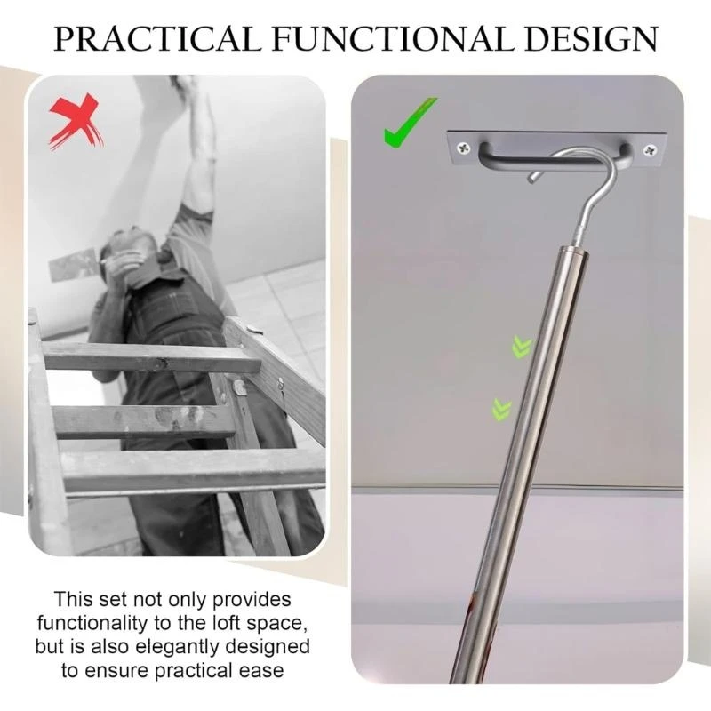 Stainless Steel Telescopic Rod with Aluminum Handle Comprehensive Attic Pull Down Hook Set for Attic Ladder Convenience 831F