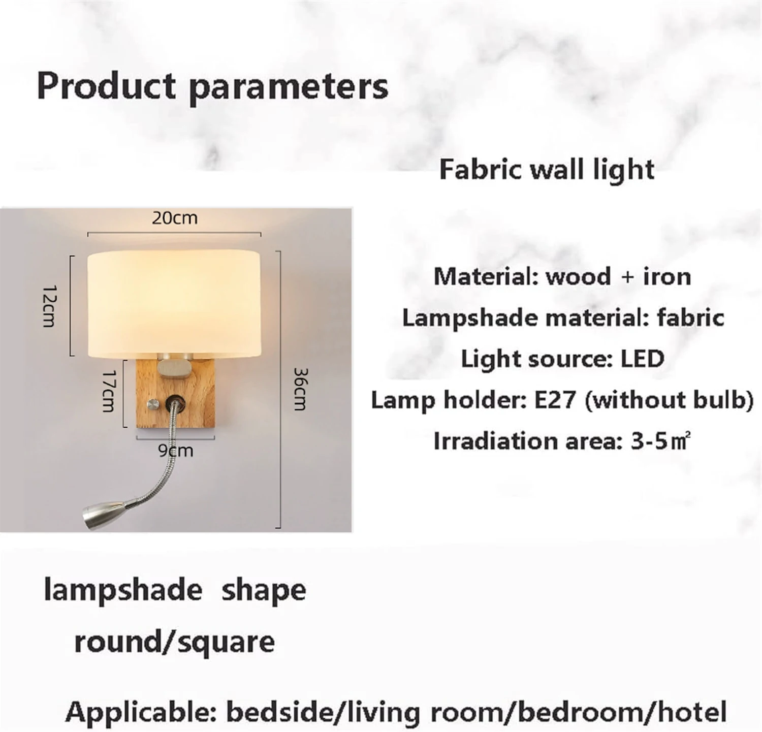 Wooden Wall Light With Oval/Rectangle Fabric Shade, Base Switch Vanity Light, Bedroom Frosted-glass Wall Sconce