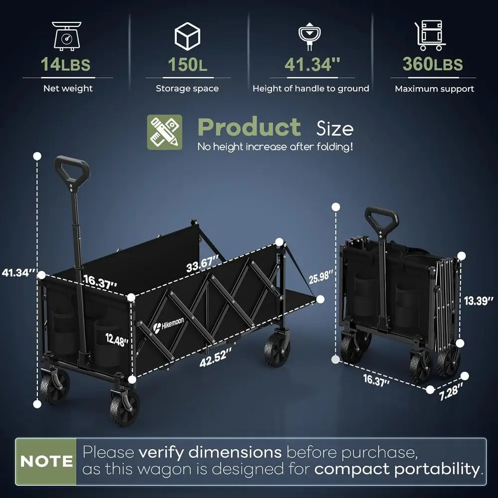 43 عربة أدوات قابلة للطي شديدة التحمل، سعة 360 رطل، عربة قابلة للطي للاستخدام الخارجي للتسوق والبستنة والتخييم - أسود #3