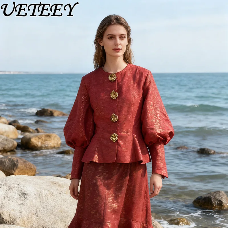 

French Style Lantern Sleeve Solid Color Top 2025 Autumn New High-end Waist-cinching Round Neck Button Jacket for Women Trendy