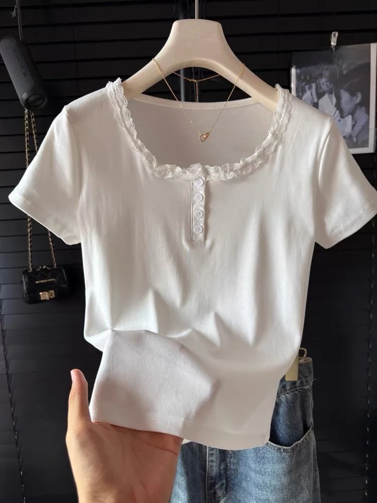 Women's Slim Fit Short Sleeve T-Shirt Lace Buttons Cotton Blend Summer New Style plus Size Big MM Shoulder Level White Hot Girl