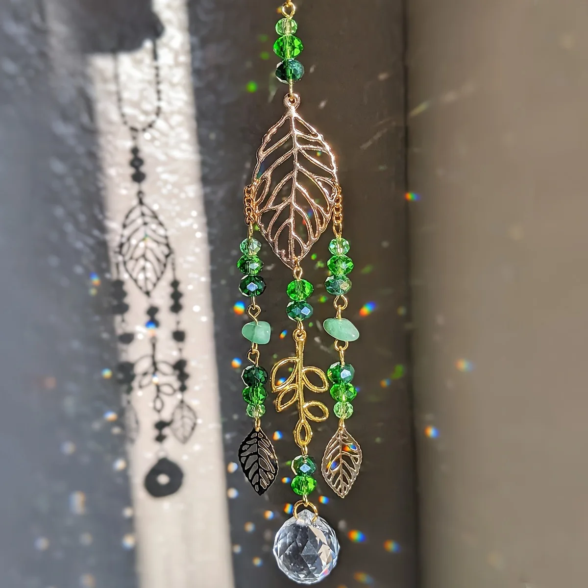 Green Crystal Suncatcher Hanging Ornament, Gold Leaf Window Decor with Rainbow Prism Ball for Home Room