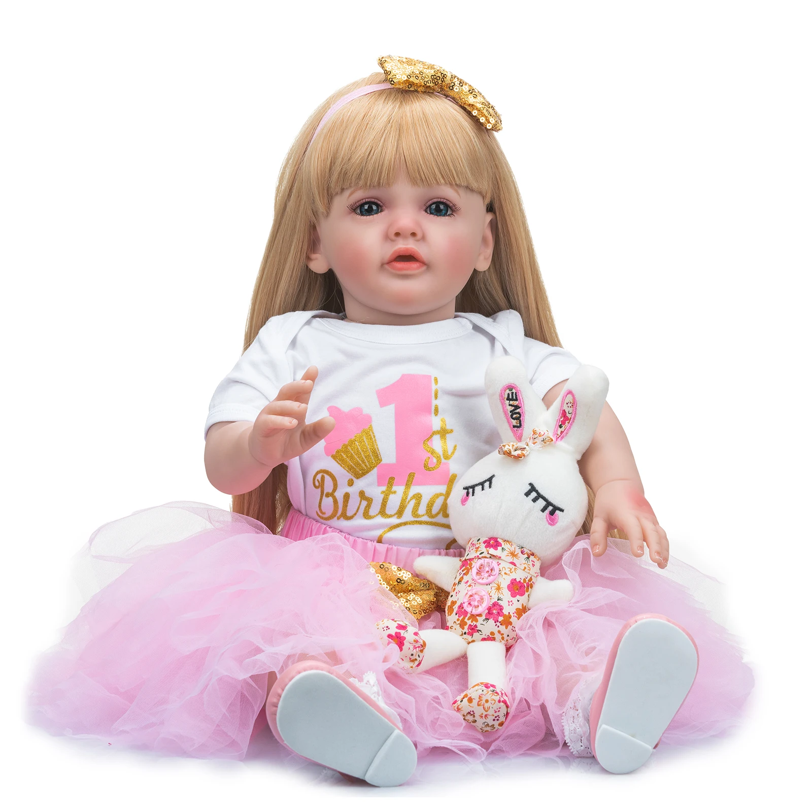 NPK 60CM Standing Toddler Girl Doll Reborn Princess Betty Long Blonde Hair in Pink Dress Soft Cuddly Body Gifts for Children