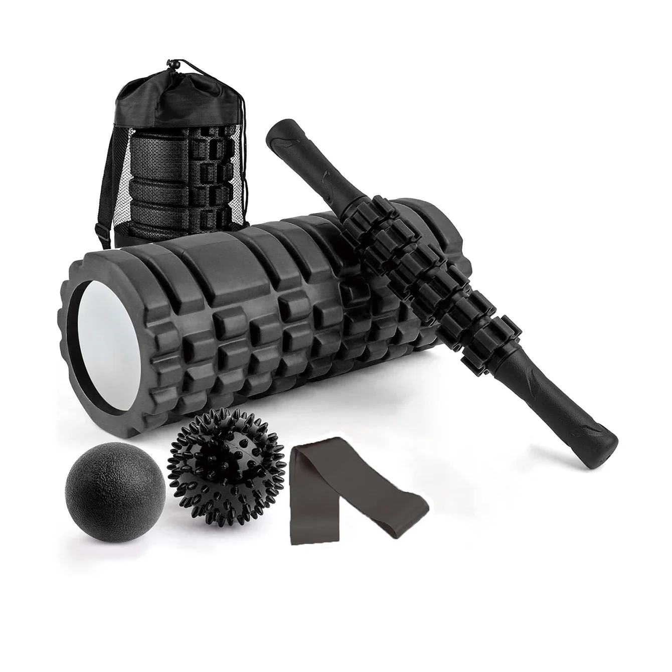 

6 in 1 Yoga Training tools, Foam roller, Massage stick, Tension band and 2 Massage balls for fitness, yoga, Pilates and Te cal