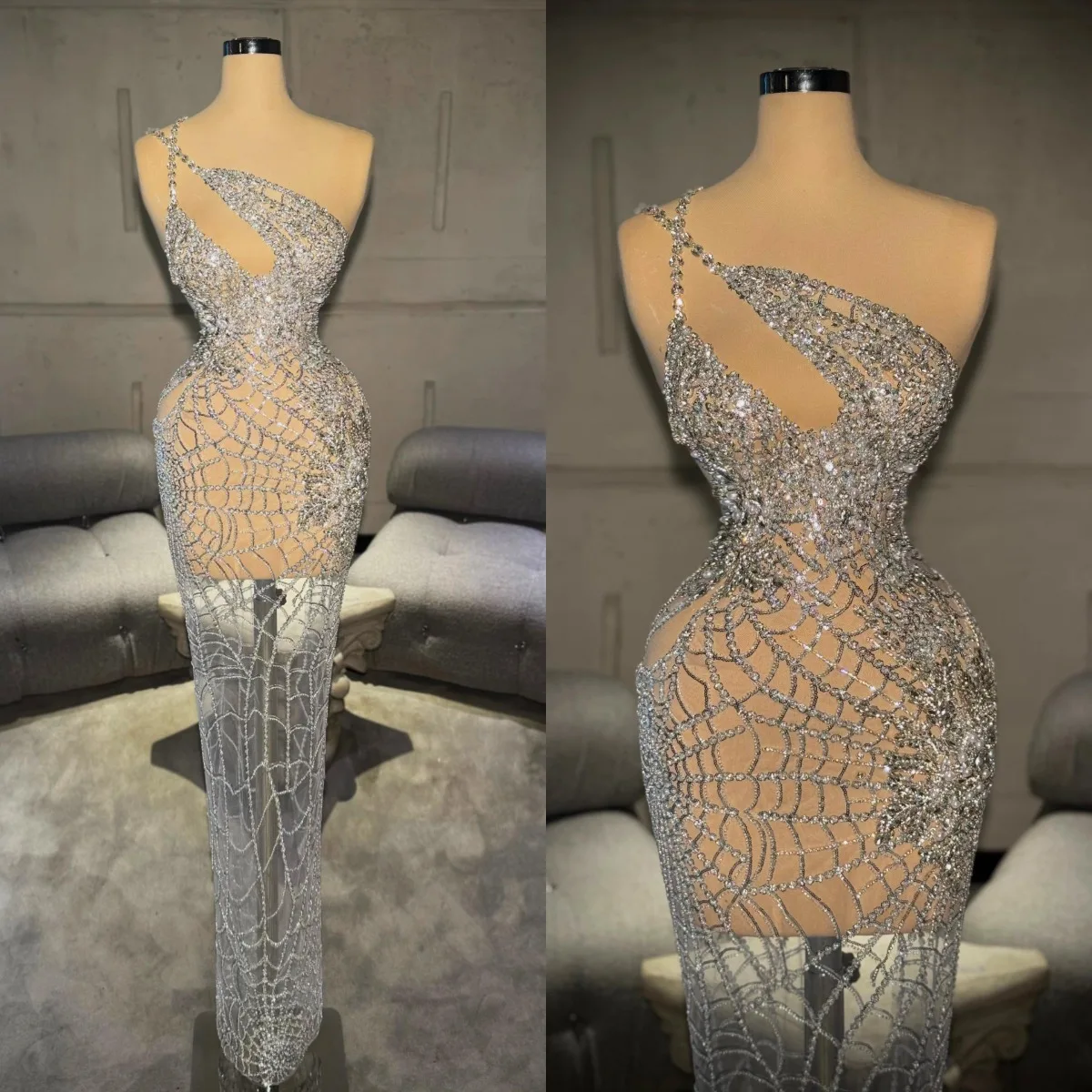 Sexy Straight Evening Gowns One Shoulder Beaded Pearls Sequins See Through Prom Dresses Customized Beauty Pageant Gest Dress