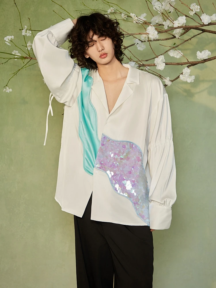 Men Women 2025 Four Seasons Wear Fashion High-end Shirts Loose Comfort Long-sleeve Shirts Trendy Color Matching Sequined Tops